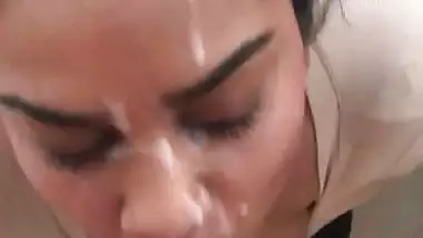 Big boob babe takes thick Indian cum in mouth